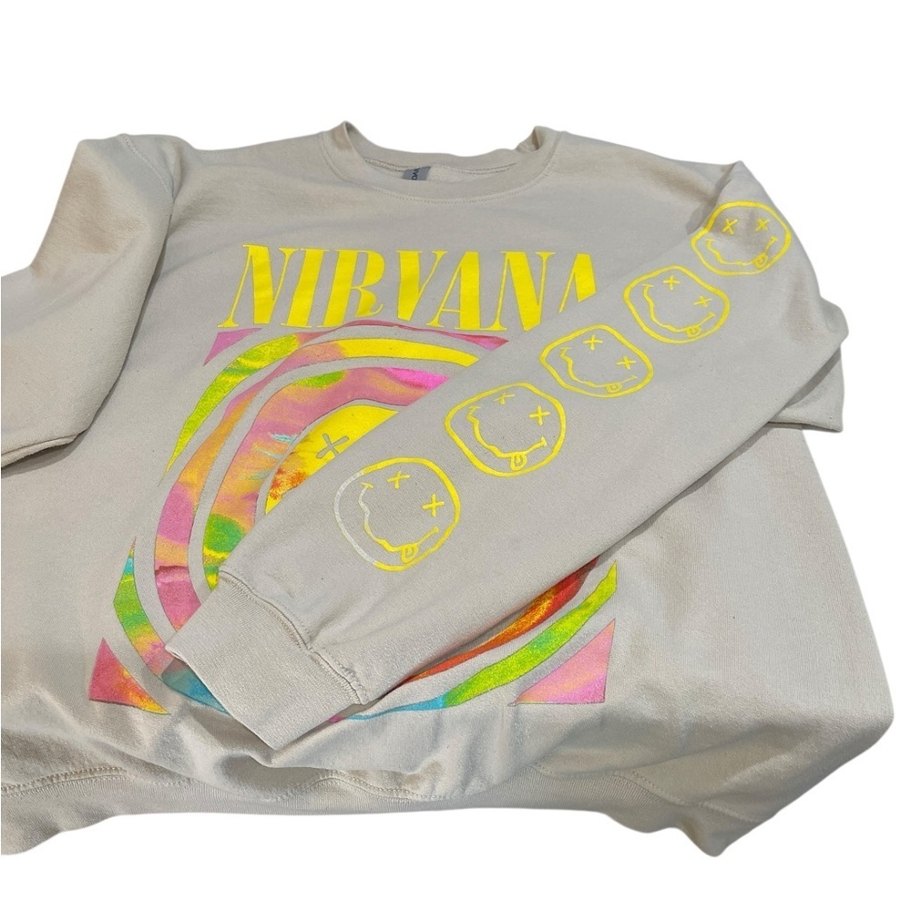 Nirvana Smiley Face Graphic Crew Neck Sweatshirt SZ L Unisex Beige Yellow - Picture 4 of 6
